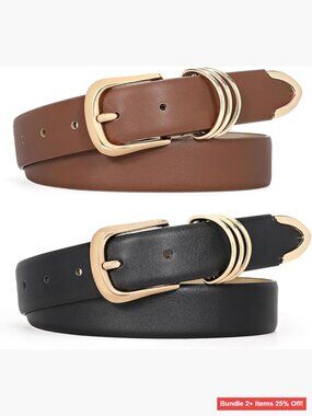 Women's Leather Belt with Gold Buckle, Fits Waist 23-27 Inches